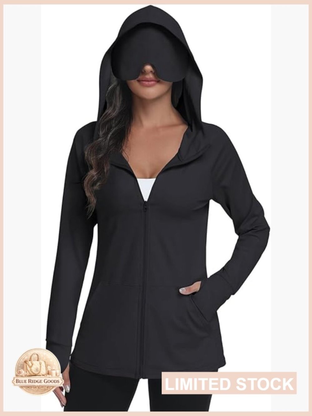 Zip Up Hoodie With Eye Mask Lightweight Travel Jacket UPF 50+ Sun Protection